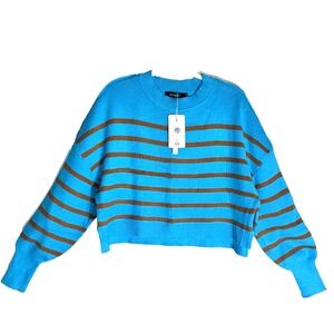 MEROKEETY Sweater Crop Turquoise Blue / Brown Stripes Dolman Sleeve Viscose Sz M